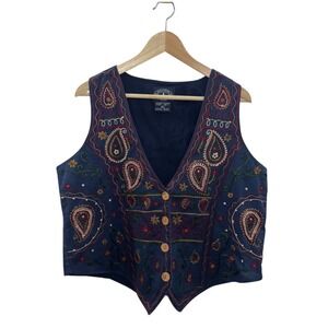 VTG 90s Solutions 1X Blue Embroidered Paisley Vest Boho Artsy Prairie Hippie